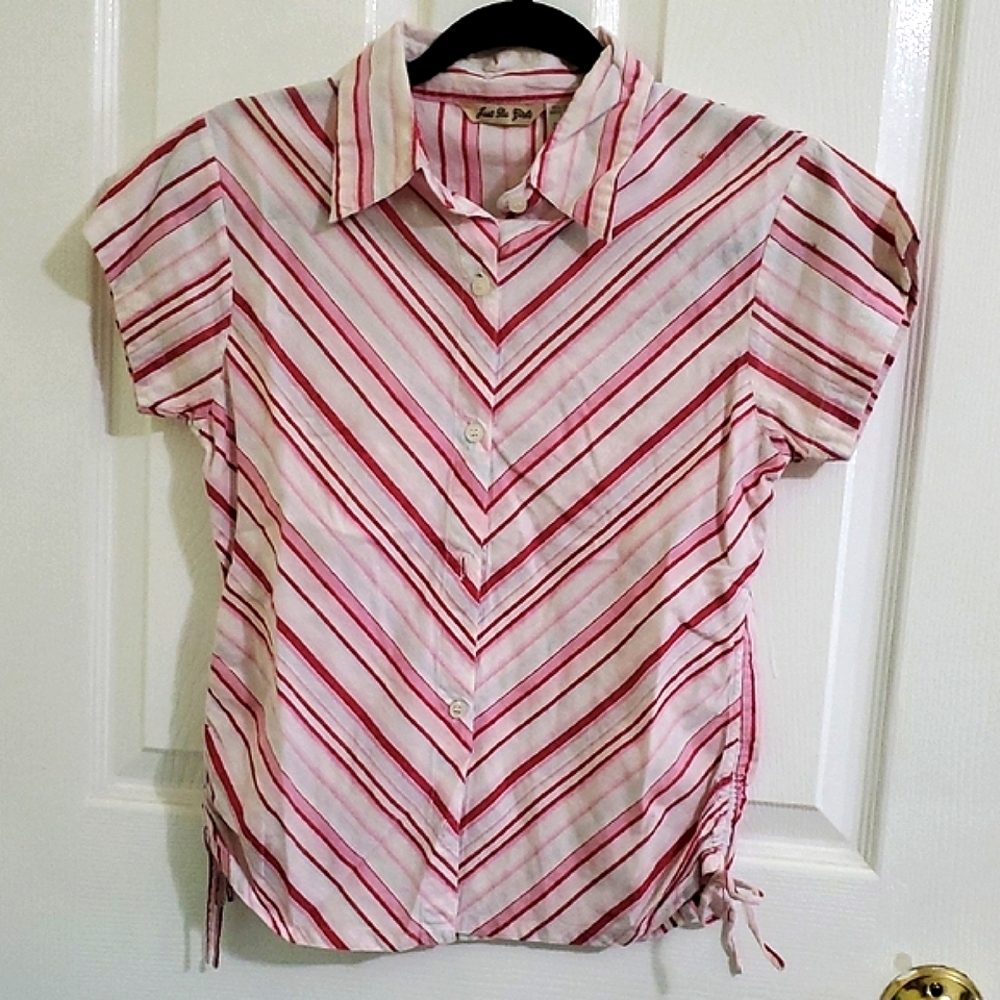 Retro Y2K Pink & Red Striped Ruched Fitted Summer Button-Up Shirt S